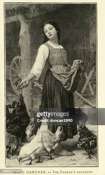 the farmer's daughter, feeding the chickens, victorian 19th century - girl illustration stock illustrations