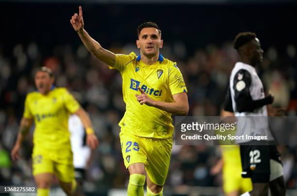 Lucas Perez of Cadiz CF celebrates after scoring their side's first goal during the Copa del Quarter Final match between Valencia CF and Cadiz CF at...