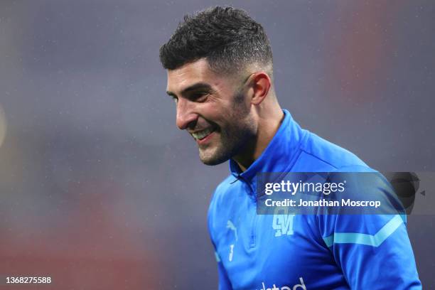Alvaro Gonzalez of Olympique De Marseille reacts during the warm up prior to the Ligue 1 Uber Eats match between Lyon and Marseille at Groupama...