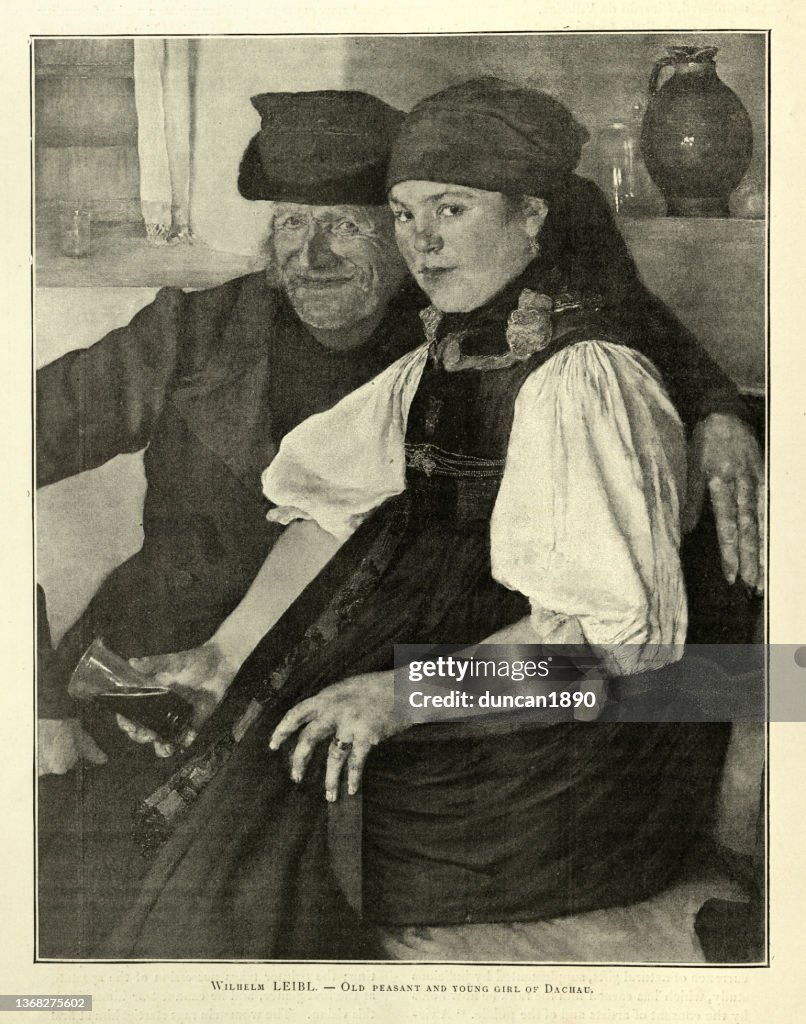 Portrait of old peasant man and young girl of Dachau, Wilhelm Leibl, Victorian 19th Century