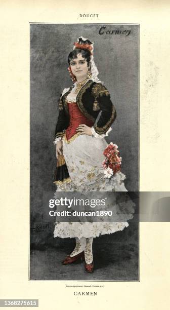 illustrations, cliparts, dessins animés et icônes de portait de carmen, femme en costume traditionnel espagnol, henri lucien doucet, victorien 19ème siècle - sevilla spain