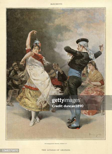 illustrations, cliparts, dessins animés et icônes de gitanas de grenade, flamenco espagnol dansant, drancers, robe traditionnelle, victorien du 19ème siècle - archive danse