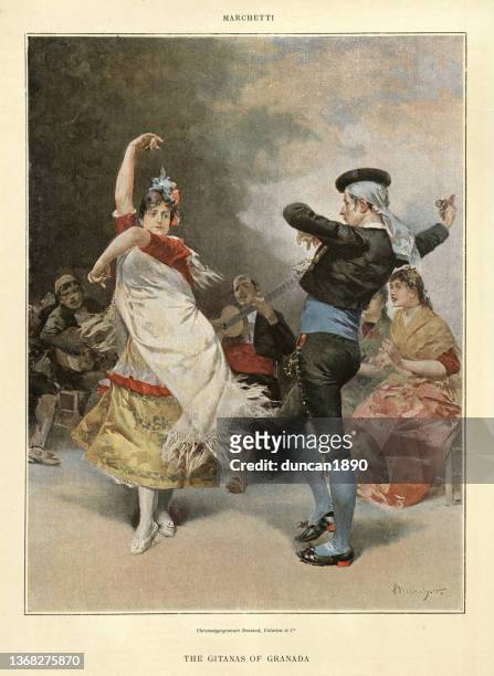 gitanas of granada, dancing spanish flamenco, drancers, traditional dress, victorian 19th century - flamencos stock illustrations