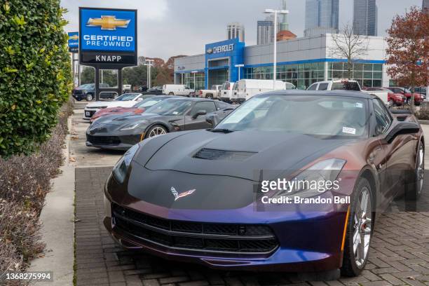 Chevrolet Corvette is seen at the Knapp Chevrolet dealership on February 02, 2022 in Houston, Texas. Record sales prices have driven General Motors...