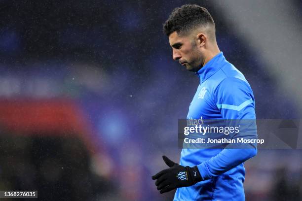 Alvaro Gonzalez of Olympique De Marseille reacts during the warm up prior to the Ligue 1 Uber Eats match between Lyon and Marseille at Groupama...