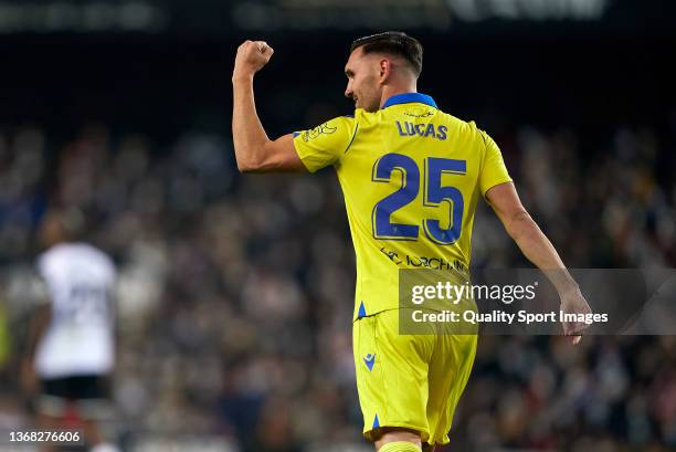 Lucas Perez of Cadiz CF celebrates after scoring their side's first goal during the Copa del Quarter Final match between Valencia CF and Cadiz CF at...