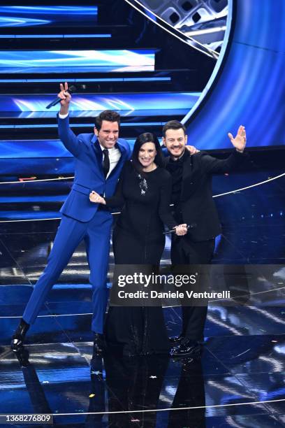 Mika, Laura Pausini and Alessandro Cattelan attend the 72nd Sanremo Music Festival 2022 at Teatro Ariston on February 02, 2022 in Sanremo, Italy.