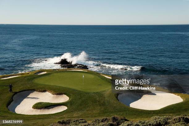 General view of the seventh green during practice rounds prior to the AT&T Pebble Beach Pro-Am at Pebble Beach Golf Links on February 02, 2022 in...