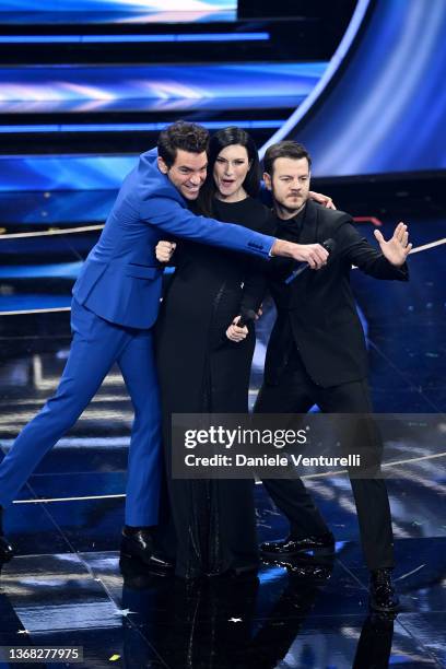 Mika, Laura Pausini and Alessandro Cattelan attend the 72nd Sanremo Music Festival 2022 at Teatro Ariston on February 02, 2022 in Sanremo, Italy.