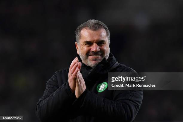 Ange Postecoglou, manager of Celtic celebrates victory in front of the fans after the Cinch Scottish Premiership match between Celtic FC and Rangers...