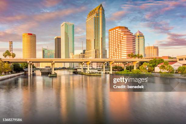 tampa skyline florida dramatischer sonnenuntergang - florida bridge stock-fotos und bilder