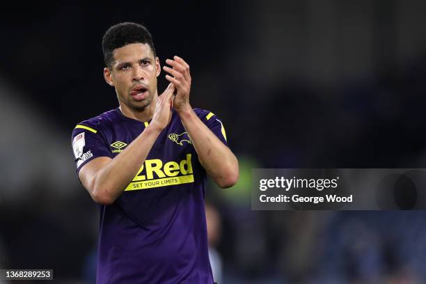 Curtis Davies of Derby County applauds the fans following defeat in the Sky Bet Championship match between Huddersfield Town and Derby County at...