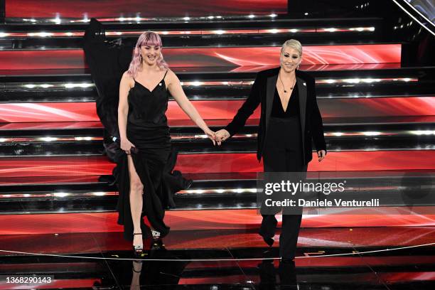 Malika Ayane and Arisa attend the 72nd Sanremo Music Festival 2022 at Teatro Ariston on February 02, 2022 in Sanremo, Italy.