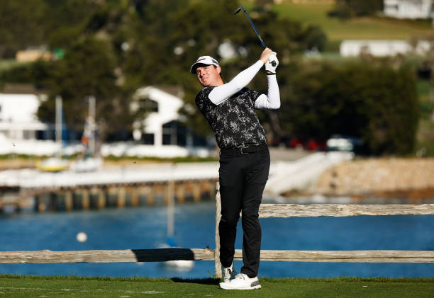 Joel Dahmen of the United States plays his shot from the seventh tee during practice rounds prior to the AT&T Pebble Beach Pro-Am at Pebble Beach...