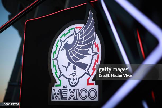 New logo of Mexico national football team outside Azteca Stadium prior to the match between Mexico and Panama as part of the Concacaf 2022 FIFA World...