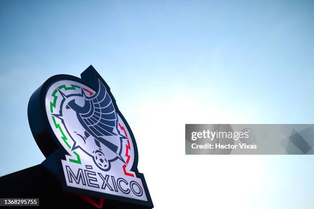 New logo of Mexico national football team is seen outside Azteca Stadium prior to the match between Mexico and Panama as part of the Concacaf 2022...