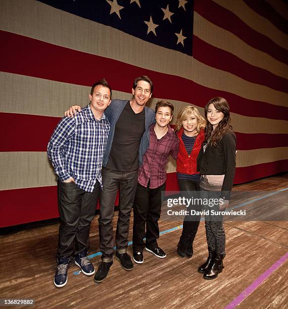 Noah Munck, Jerry Trainor, Nathan Kress, Jennette McCurdy and Miranda Cosgrove, pose onstage at the auditorium at Naval Submarine Base New London on...