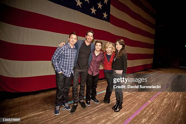 Noah Munck, Jerry Trainor, Nathan Kress, Jennette McCurdy and Miranda Cosgrove, pose onstage at the auditorium at Naval Submarine Base New London on...