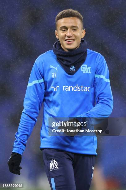 Salim Ben Seghir of Olympique De Marseille smiles during the warm up prior to the Ligue 1 Uber Eats match between Lyon and Marseille at Groupama...