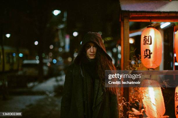 street style fashion portrait in berlin prenzlauer berg - woman snow outside night stockfoto's en -beelden