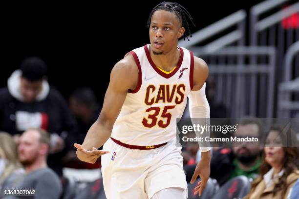 Isaac Okoro of the Cleveland Cavaliers reacts to a three point basket during the first half against the Houston Rockets at Toyota Center on February...
