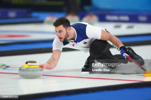 Amos Mosaner of Team Italy competes against Team United States during the Curling Mixed Doubles Round Robin ahead of the Beijing 2022 Winter Olympics...