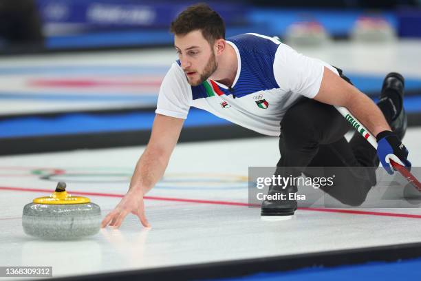 Amos Mosaner of Team Italy competes against Team United States during the Curling Mixed Doubles Round Robin ahead of the Beijing 2022 Winter Olympics...