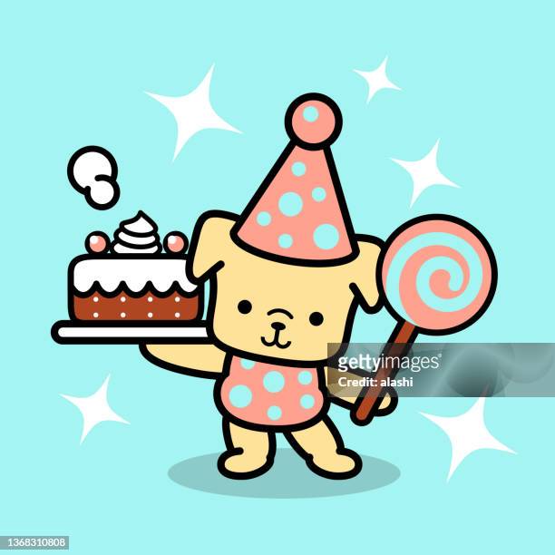 a cute dog wearing a party hat and carrying a cake and a lollipop in color pastel tones - kawaii food stock illustrations