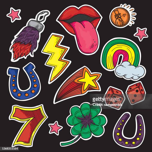 retro 1980s 1990s kids good luck charms sticker set - stars v thunder stock illustrations