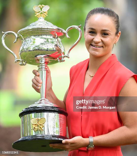 Ashleigh Barty of Australia attends a media photocall at the Royal Exhibition Building with the Daphne Akhurst Memorial Cup after winning last nights...