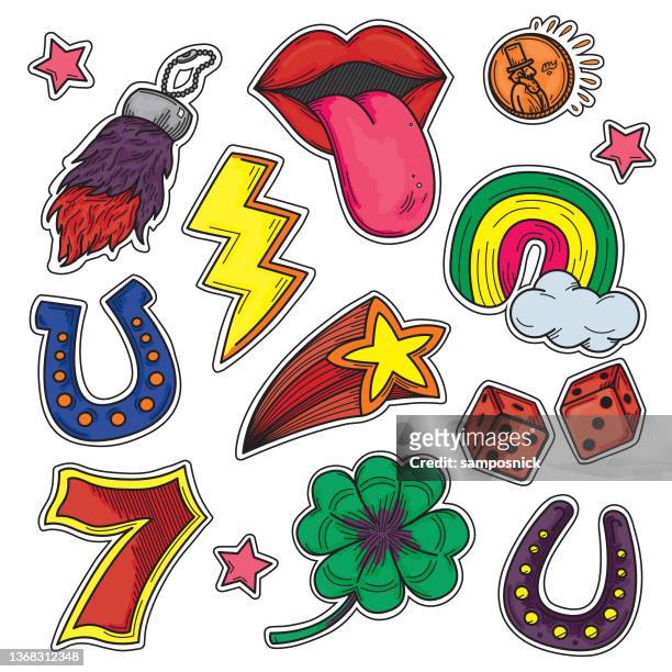 ilustraciones, imágenes clip art, dibujos animados e iconos de stock de retro 1980s 1990s niños good luck charms sticker set - pelar