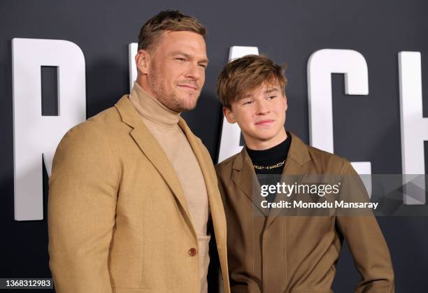 Alan Ritchson and Maxwell Jenkins attend the premiere of Amazon Prime's new series "Reacher" at The Grove on February 02, 2022 in Los Angeles,...