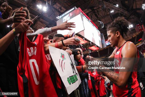 Jalen Green of the Houston Rockets signs for fans after defeating the Cleveland Cavaliers 115-104 at Toyota Center on February 02, 2022 in Houston,...