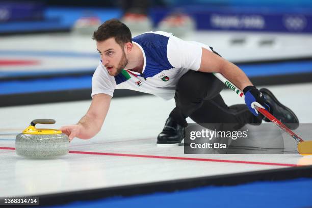 Amos Mosaner of Team Italy competes against Team United States during the Curling Mixed Doubles Round Robin ahead of the Beijing 2022 Winter Olympics...