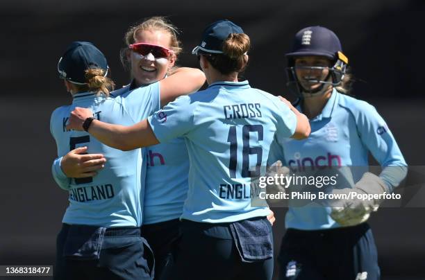 Sophie Ecclestone of England celebrates after dismissing Ellyse Perry of Australia during game one of the Women's Ashes One Day International series...