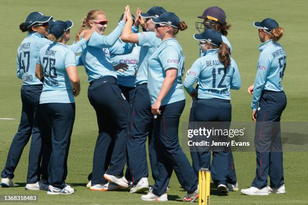 Sophie Ecclestone of England celebrates taking the wicket of Ellyse Perry of Australia during game one of the Women's Ashes One Day International...