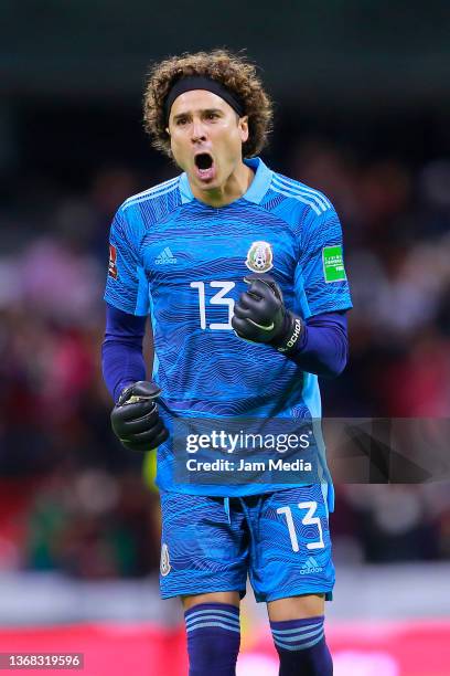 Goalkeeper Guillermo Ochoa of Mexico celebrates his team's first goal during the match between Mexico and Panama as part of the Concacaf 2022 FIFA...