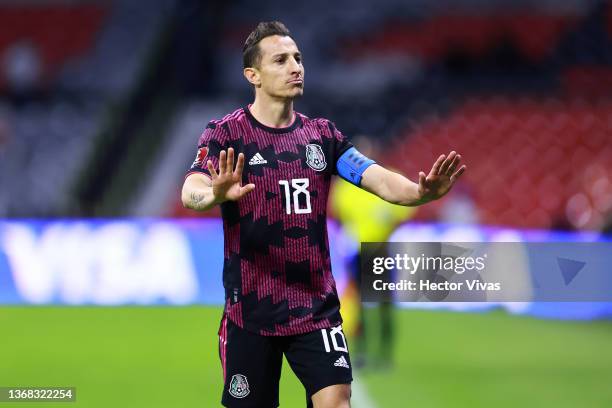 Andres Guardado of Mexico gestures during the match between Mexico and Panama as part of the Concacaf 2022 FIFA World Cup Qualifier at Azteca Stadium...