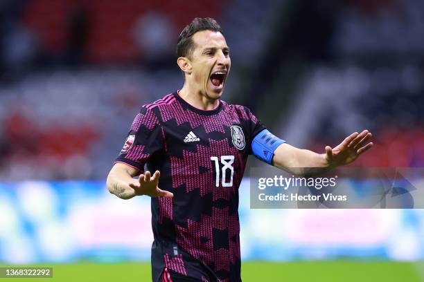 Andres Guardado of Mexico gestures during the match between Mexico and Panama as part of the Concacaf 2022 FIFA World Cup Qualifier at Azteca Stadium...