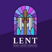 LENT, prayer, fasting and almsgiving text and Stained Glass Window Cross lent sign on dark purple background vector Design