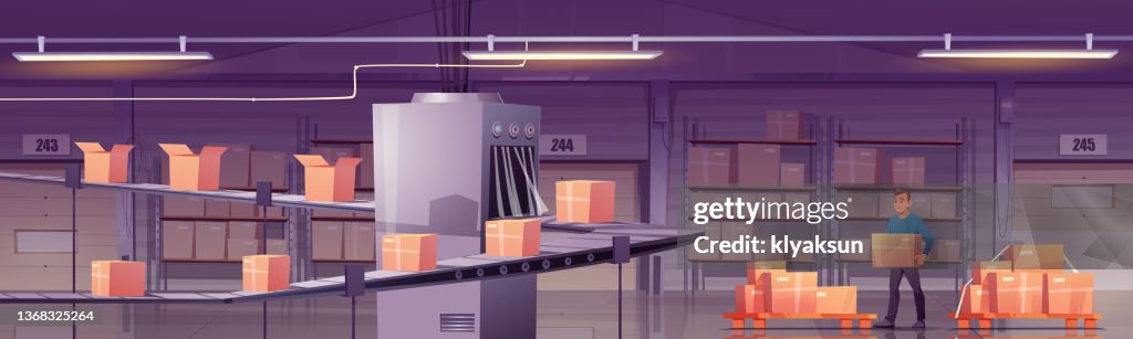 Factory Operator Loading Worker Loading Boxes On Conveyor Belt At Factory High-Res Vector ...