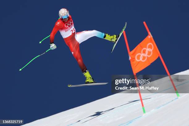 Stefan Rogentin of Team Switzerland skis during the Men's Downhill 1st training session ahead of the Beijing 2022 Winter Olympic Games at National...