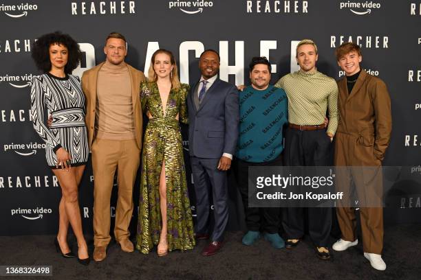 Maria Sten, Alan Ritchson, Willa Fitzgerald, Malcolm Goodwin, Harvey Guillén, Marc Bendavid, and Maxwell Jenkins attend Prime Video's "Reacher" Los...