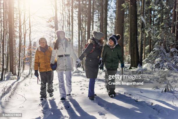 happy family hiking in beautiful winter forest on a sunny day - girl hiking stock pictures, royalty-free photos & images