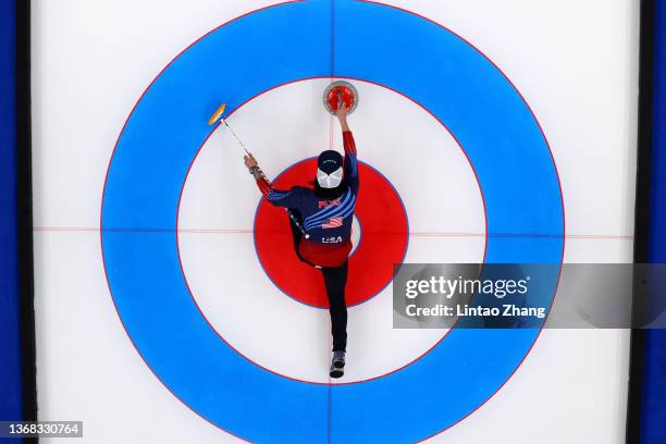 Christopher Plys of Team United States competes against Team Norway during the Curling Mixed Doubles Round Robin ahead of the Beijing 2022 Winter...