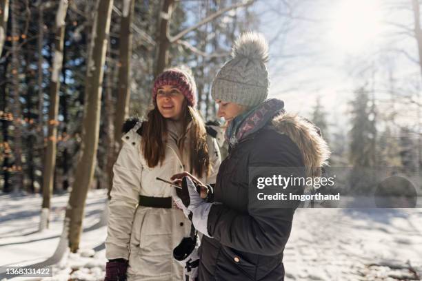 mother and daughter checking social media in beautiful winter forest. - winter testing imagens e fotografias de stock
