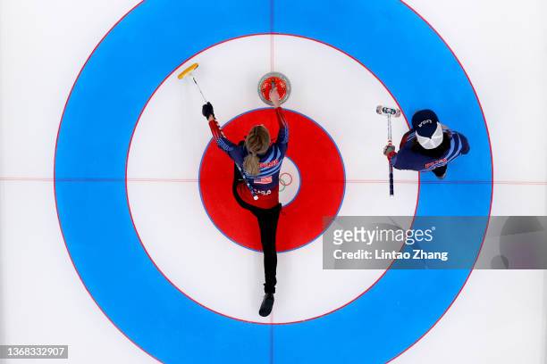 Victoria Persinger and Christopher Plys of Team United States compete against Team Norway during the Curling Mixed Doubles Round Robin ahead of the...