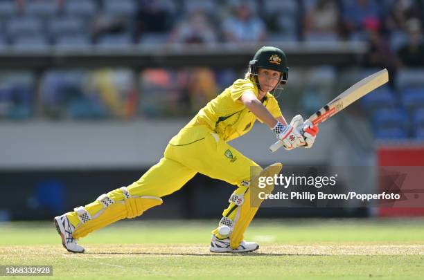 Beth Mooney of Australia bats during game one of the Women's Ashes One Day International series between Australia and England at Manuka Oval on...