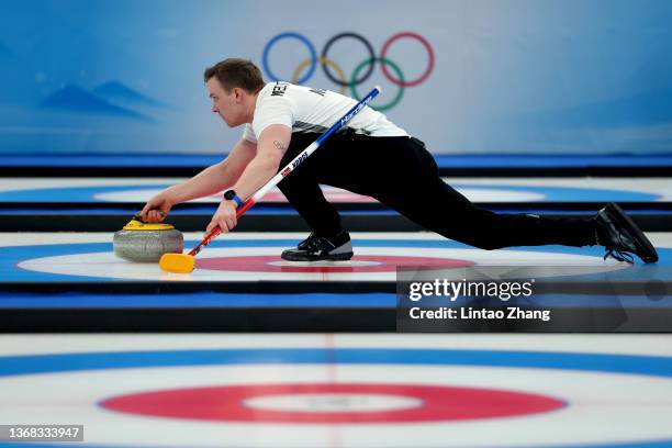 Magnus Nedregotten of Team Norway competes against Team United States during the Curling Mixed Doubles Round Robin ahead of the Beijing 2022 Winter...