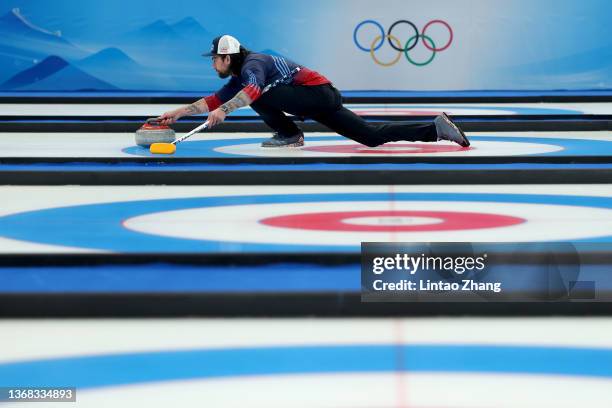 Christopher Plys of Team United States competes against Team Norway during the Curling Mixed Doubles Round Robin ahead of the Beijing 2022 Winter...